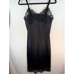 Vintage Black Lace Trim Satin Full Slip Dress Adjustable Straps Lingerie Nightie